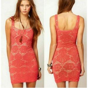 Free People Intimately Medallion Lace Slip Dress Orange Bodycon Lined XS/S $68